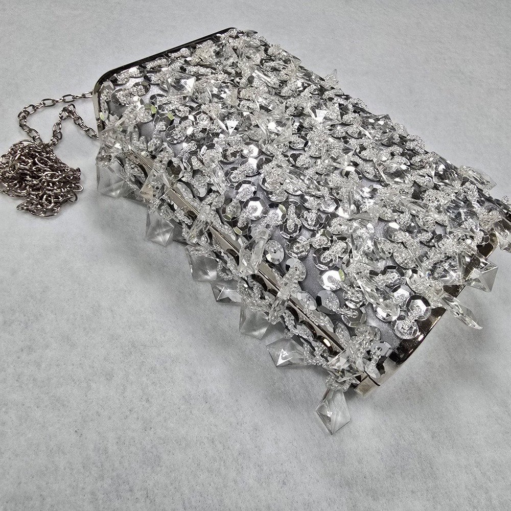 Silver Sequin Crystal Embellished Box Clutch Crossbody Bag Chain Strap Handbag - Picture 7 of 16